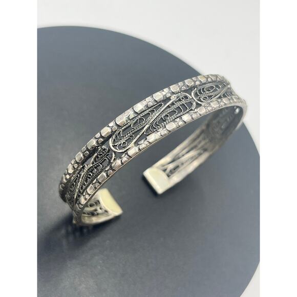 Sterling Silver Signed Open Filigree Nugget Border Cuff Bracelet 31 grams, 7.5” - Picture 7 of 11